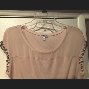 Express pale pink tshirt mesh top w/rhinestones